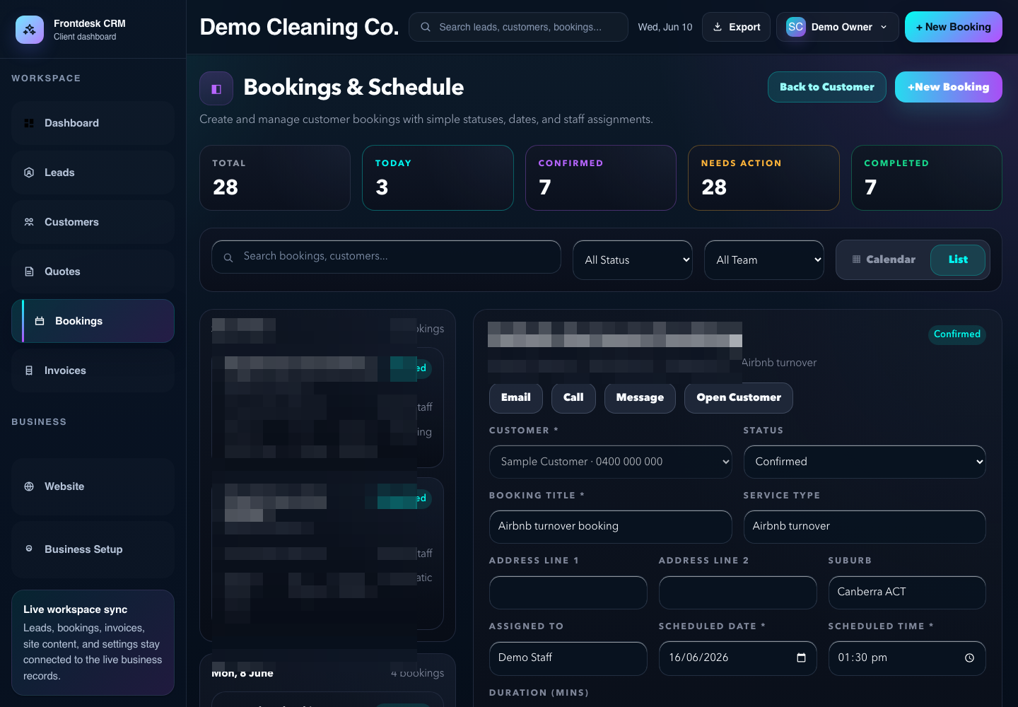 Cleaning business booking workflow inside a website-connected CRM portal