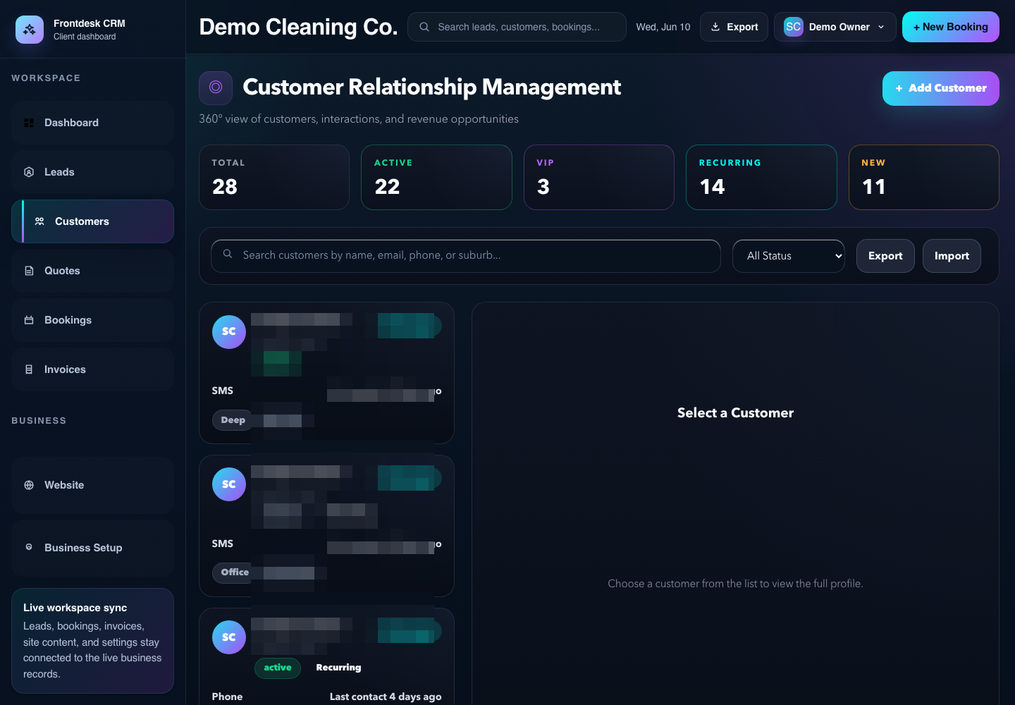 Cleaning business CRM customer records page with demo customer data