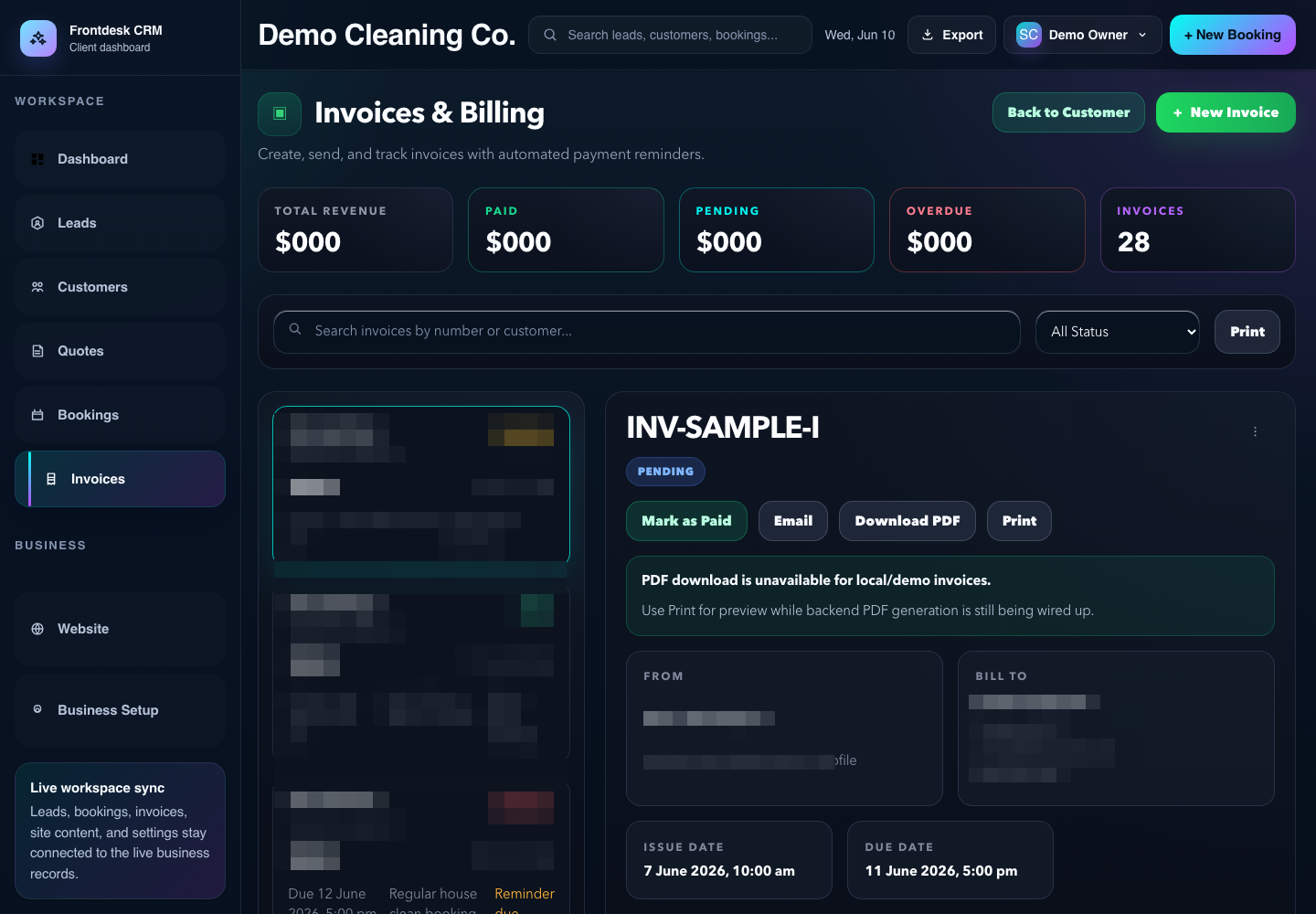 Cleaning business invoices page with sample invoice data