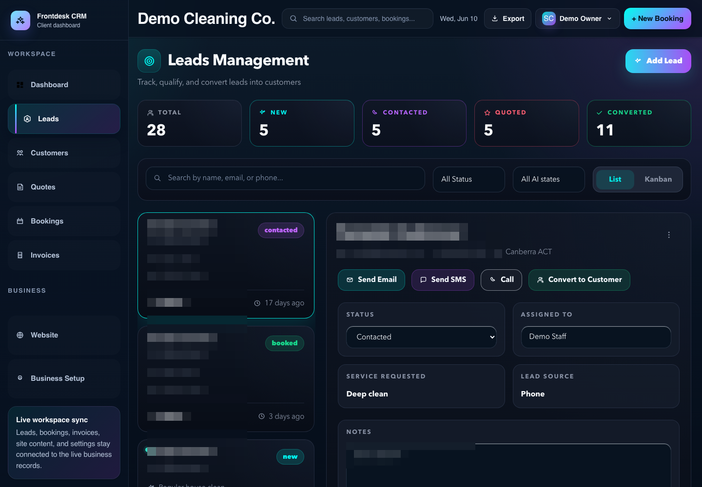 Lead detail screen showing follow-up context inside a cleaning business CRM