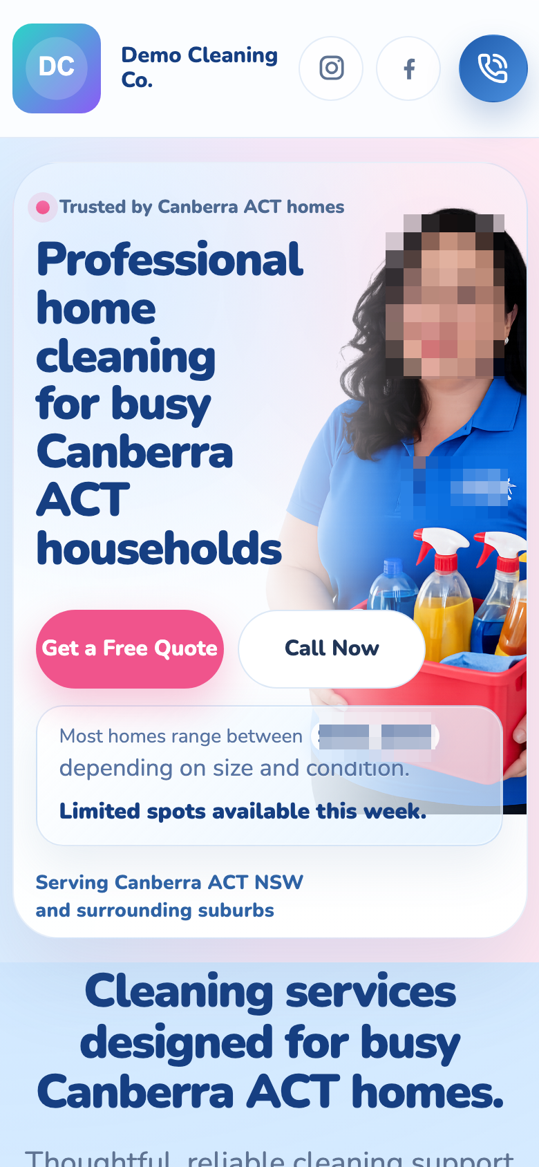 Mobile homepage for an anonymous cleaning business website