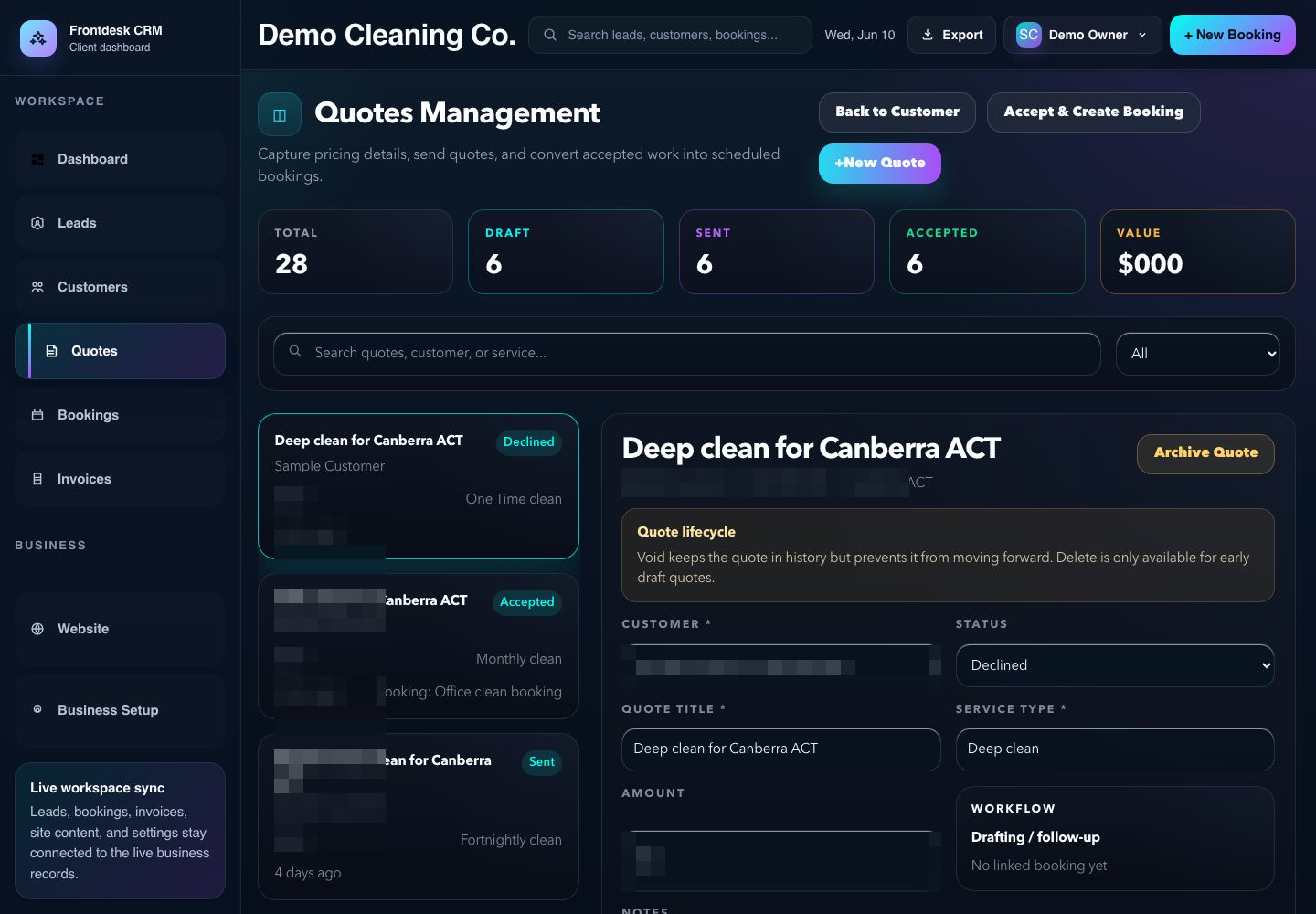 Cleaning business quote workflow inside a CRM portal