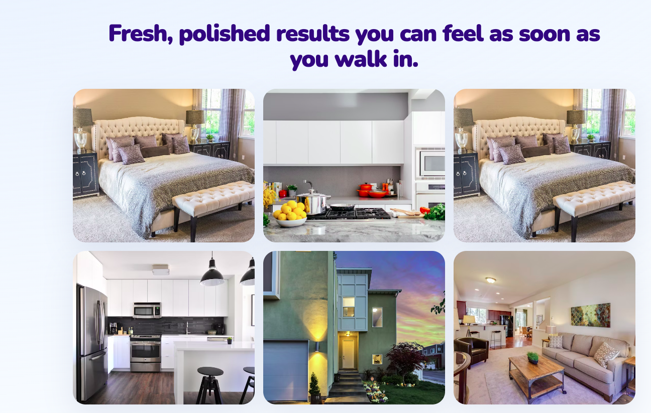 Cleaning business website gallery section showing polished household result examples