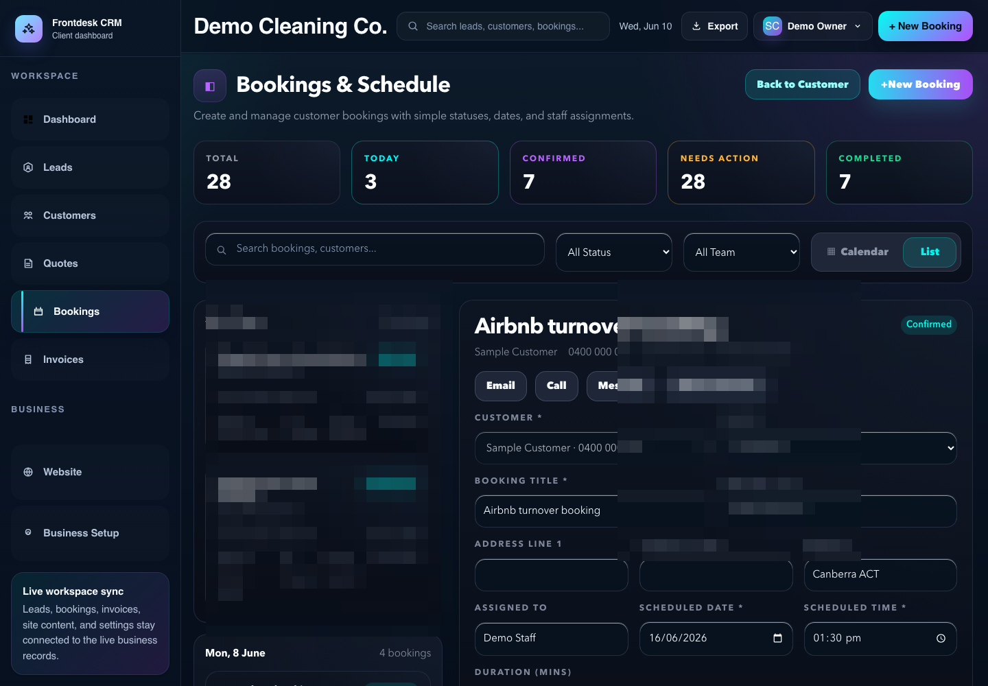 Cleaning business schedule page showing upcoming bookings