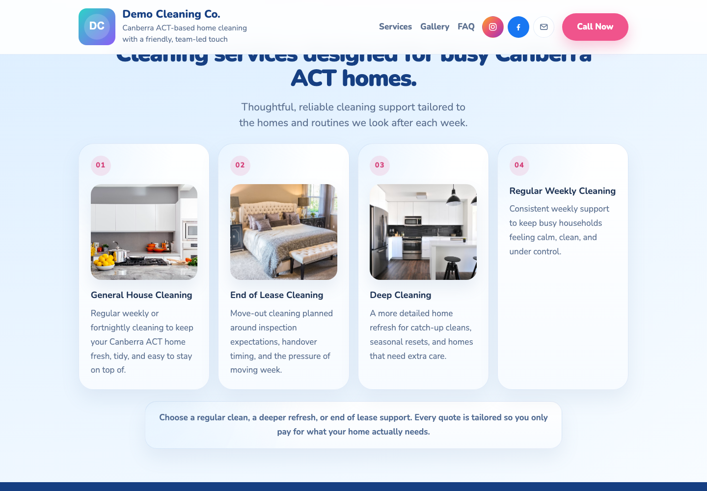 Cleaning business services section showing clear service positioning