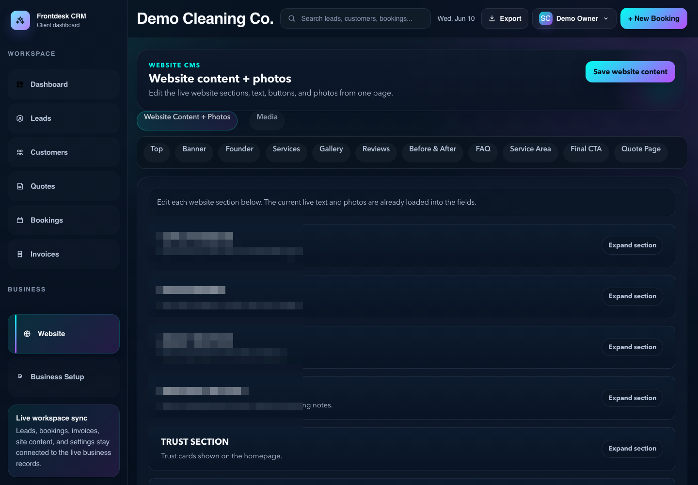 Website editor inside a small business CRM portal