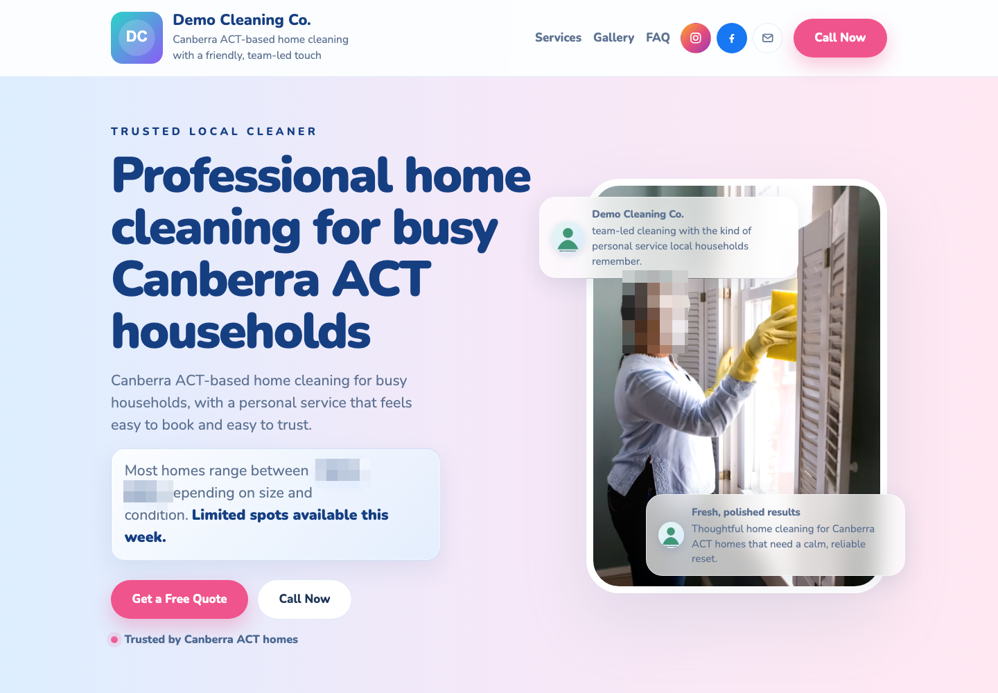Anonymous cleaning business homepage design with sensitive visual details blurred